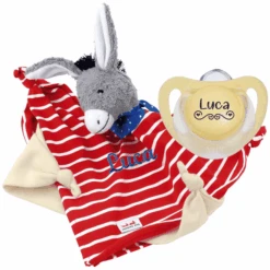 Schnullireich Geschenkset Käthe Kruse Schmusetuch Mit Namen Esel + NUK Namensschnuller (0-6 Mon) Rot